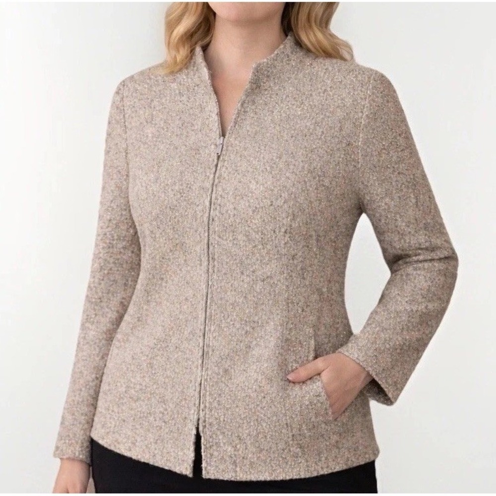 Kasper Boucle Wool Blazer Jacket M 10 Beige Metallic Zip Career Minimal Classic